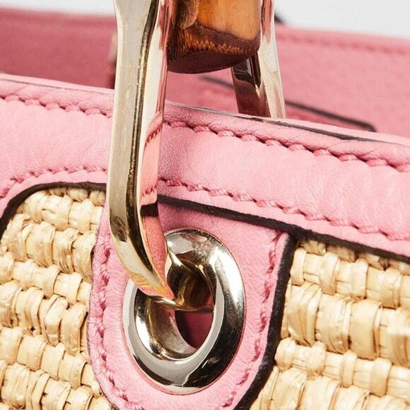Gucci Natural Woven Straw and Pink Leather Medium Bamboo Shopper Tote Bag - Picture 6 of 12